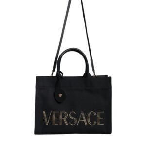 Bolso tote cruzado Versace de lona y cuero con asa superior en color negro y logotipo