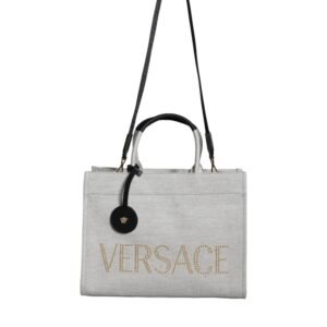 Bolso tote cruzado Versace de lona blanca con asa superior y logotipo de cuero