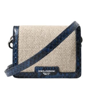Bolso bandolera mini de Dolce & Gabbana con ribete de piel azul y rafia beige