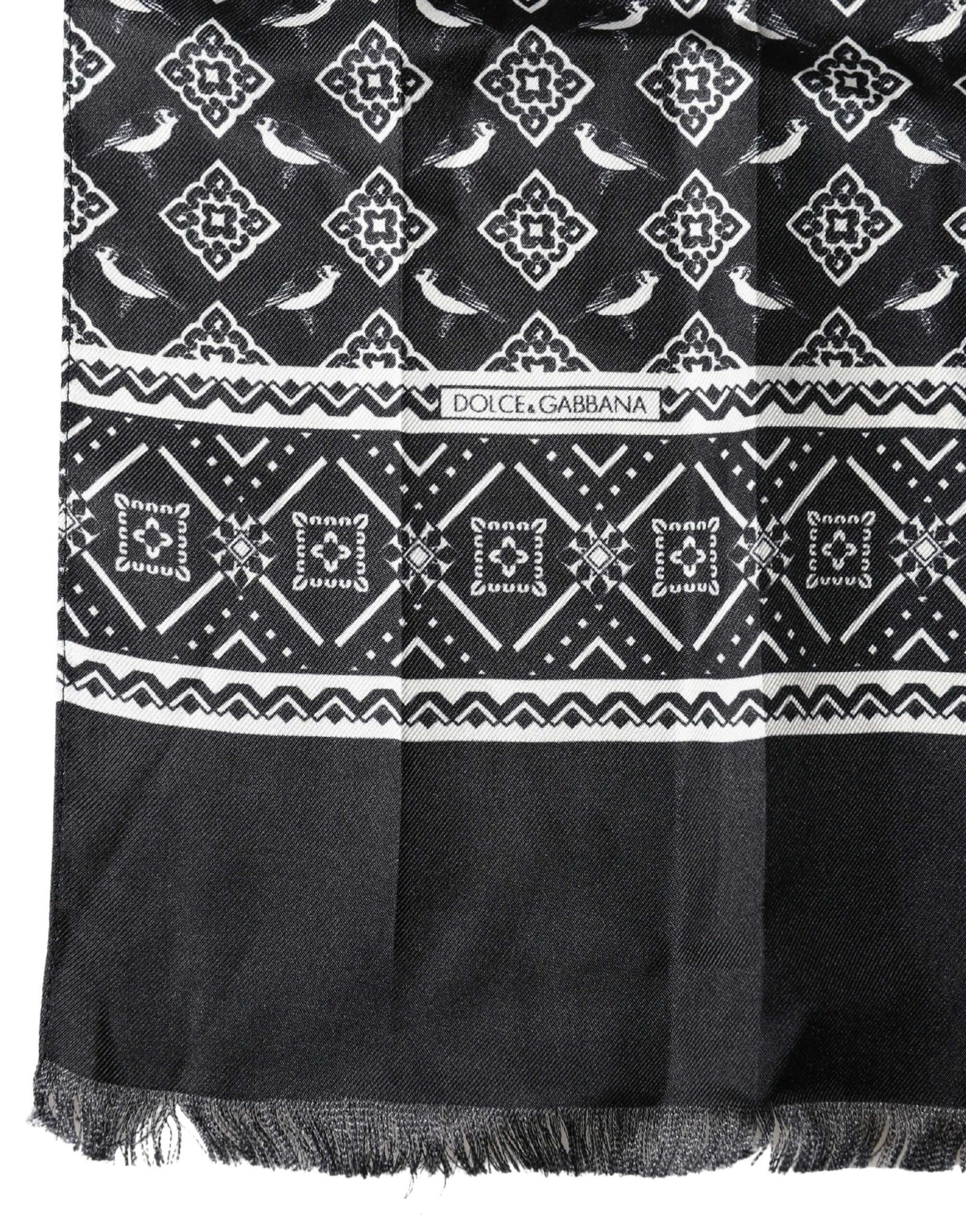 Black Gray Silk Bird Fringe Wrap Foulard 140cm X 23cm Scarf - Imagen 3