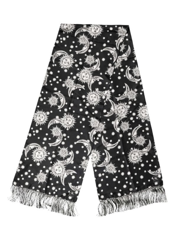 Black Silk Sun Moon Star Fringe Foulard 178cm X 33cm Scarf