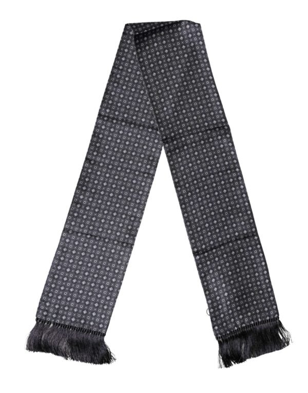 Black Silk Geometric Fringe Wrap Foulard 136cm X 15cm  Scarf