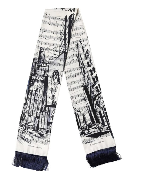 White Black Music City Print Silk Fringe 141cm X 15cm Scarf